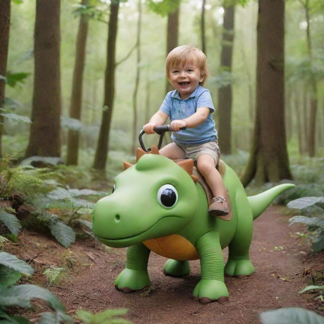 A playful toddler adventurously riding a friendly cartoon dinosaur as if it were a horse in a lush, vibrant forest setting