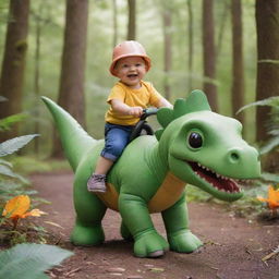 A playful toddler adventurously riding a friendly cartoon dinosaur as if it were a horse in a lush, vibrant forest setting