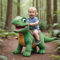 A playful toddler adventurously riding a friendly cartoon dinosaur as if it were a horse in a lush, vibrant forest setting