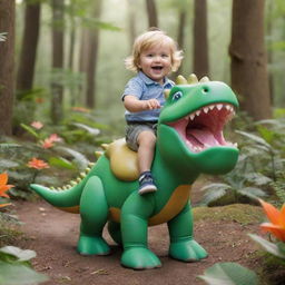 A playful toddler adventurously riding a friendly cartoon dinosaur as if it were a horse in a lush, vibrant forest setting