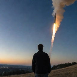 A man standing on a hilltop, with wide eyes of amazement as he watches a rocket soaring through the sky above. The trailing fire and smoke create a dramatic contrast in the dusk sky.