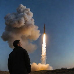 A man standing on a hilltop, with wide eyes of amazement as he watches a rocket soaring through the sky above. The trailing fire and smoke create a dramatic contrast in the dusk sky.