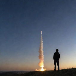 A man standing on a hilltop, with wide eyes of amazement as he watches a rocket soaring through the sky above. The trailing fire and smoke create a dramatic contrast in the dusk sky.