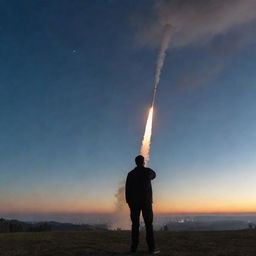 A man standing on a hilltop, with wide eyes of amazement as he watches a rocket soaring through the sky above. The trailing fire and smoke create a dramatic contrast in the dusk sky.