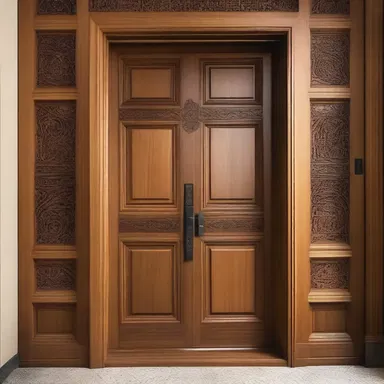 The intricate and knotty design of the wooden door added a touch of elegance to the room.