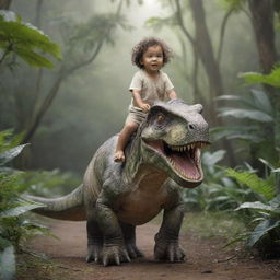 A fearless toddler riding a huge, ultra-realistic dinosaur as if it were a horse, in an expansive, prehistoric jungle setting