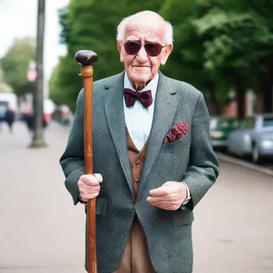 The elderly gentleman wore a knotty wooden cane that matched his vintage suit.