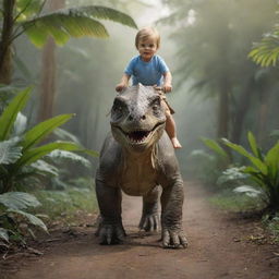 A fearless toddler riding a huge, ultra-realistic dinosaur as if it were a horse, in an expansive, prehistoric jungle setting