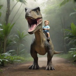 A fearless toddler riding a huge, ultra-realistic dinosaur as if it were a horse, in an expansive, prehistoric jungle setting