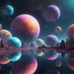 A futuristic multiverse depicting various dimensions. Each dimension must represent unique environments and color schemes generating a surreal and vibrant appearance