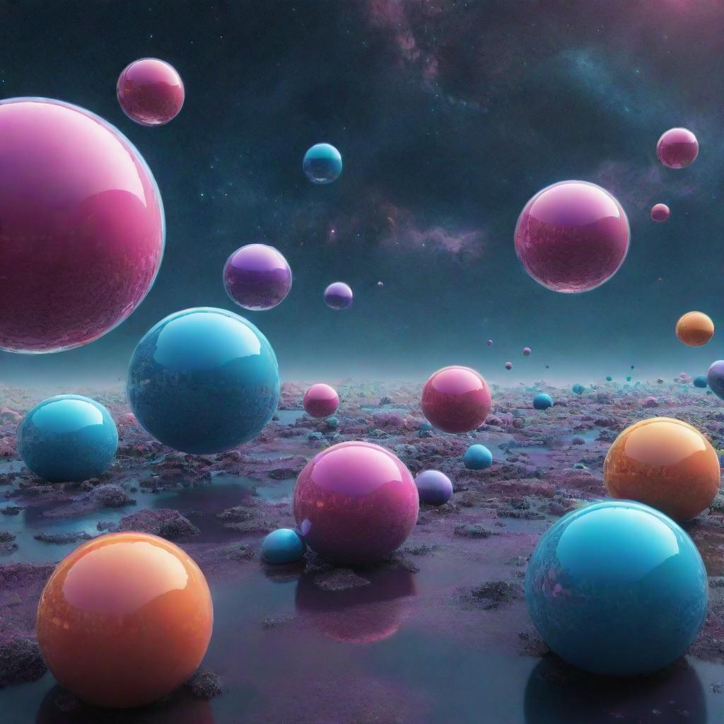 A futuristic multiverse depicting various dimensions. Each dimension must represent unique environments and color schemes generating a surreal and vibrant appearance