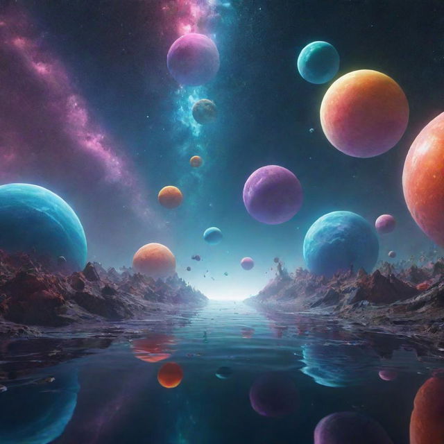 A futuristic multiverse depicting various dimensions. Each dimension must represent unique environments and color schemes generating a surreal and vibrant appearance