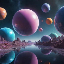 A futuristic multiverse depicting various dimensions. Each dimension must represent unique environments and color schemes generating a surreal and vibrant appearance