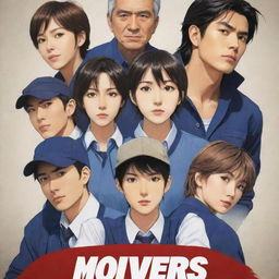 Create a modern anime poster featuring a team of highly dedicated and respected home movers in an action-drama series titled 'The Movers'. Character expressions display dedication and respect, mixed with intense action scenes and drama.