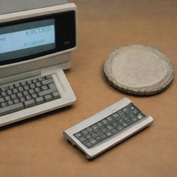 An old, budget computer, showing signs of use, next to a shiny one-dollar coin for comparison.