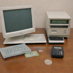 An old, budget computer, showing signs of use, next to a shiny one-dollar coin for comparison.