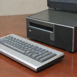 An old, budget computer, showing signs of use, next to a shiny one-dollar coin for comparison.