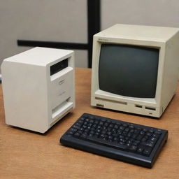 An old, budget computer, showing signs of use, next to a shiny one-dollar coin for comparison.