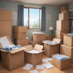 Create a high intensity animated scene depicting stressful packing and moving, drawn in the style of the 'Spirited Away' anime.