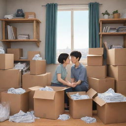 Create a high intensity animated scene depicting stressful packing and moving, drawn in the style of the 'Spirited Away' anime.