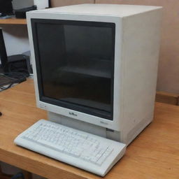 A fairly used yet functional computer that appears to be worth around 100 dollars.