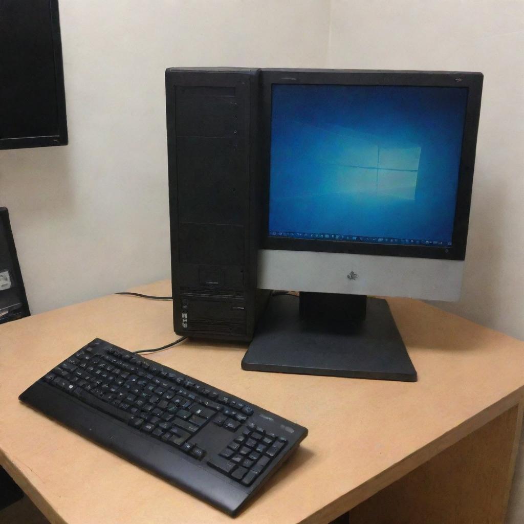 A fairly used yet functional computer that appears to be worth around 100 dollars.