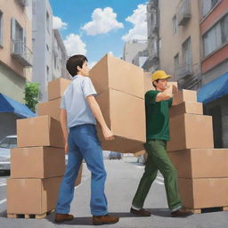 Design an anime poster featuring scenes of dedicated packers and movers in high-stress, dramatic situations, illustrated in the style of 'Spirited Away' anime.