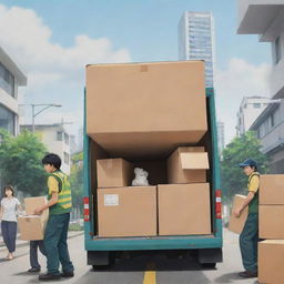 Design an anime poster featuring scenes of dedicated packers and movers in high-stress, dramatic situations, illustrated in the style of 'Spirited Away' anime.