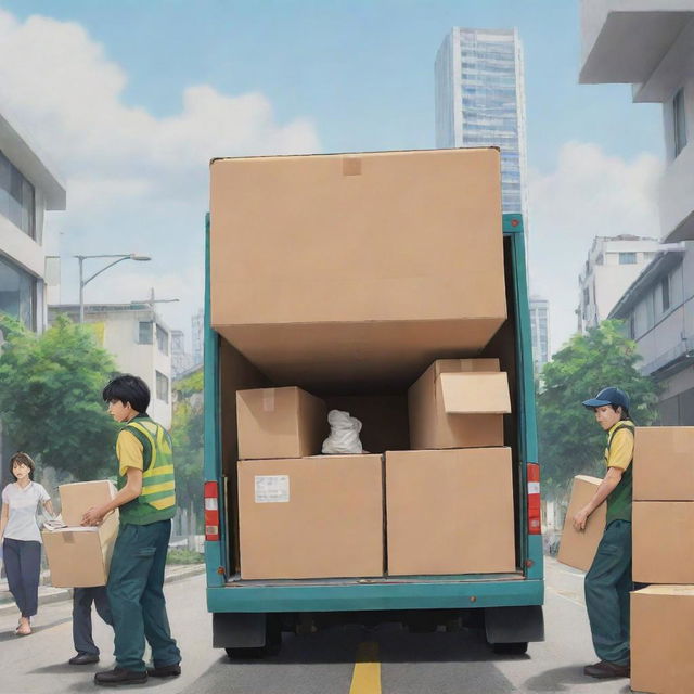 Design an anime poster featuring scenes of dedicated packers and movers in high-stress, dramatic situations, illustrated in the style of 'Spirited Away' anime.