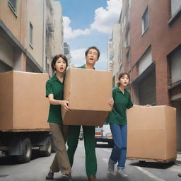 Design an anime poster featuring scenes of dedicated packers and movers in high-stress, dramatic situations, illustrated in the style of 'Spirited Away' anime.