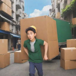 Develop a cartoon anime poster showcasing highly dedicated packers and movers in stressful, high-drama scenarios, encapsulated in the art style of 'Spirited Away' anime.