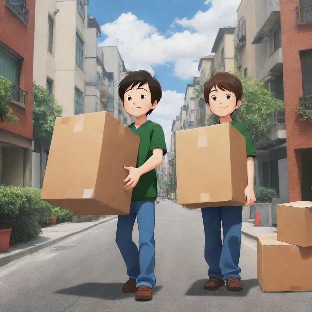 Develop a cartoon anime poster showcasing highly dedicated packers and movers in stressful, high-drama scenarios, encapsulated in the art style of 'Spirited Away' anime.