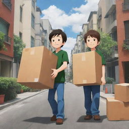 Develop a cartoon anime poster showcasing highly dedicated packers and movers in stressful, high-drama scenarios, encapsulated in the art style of 'Spirited Away' anime.