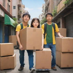 Develop a cartoon anime poster showcasing highly dedicated packers and movers in stressful, high-drama scenarios, encapsulated in the art style of 'Spirited Away' anime.