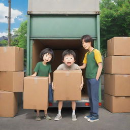 Develop a cartoon anime poster showcasing highly dedicated packers and movers in stressful, high-drama scenarios, encapsulated in the art style of 'Spirited Away' anime.