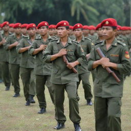 A group of Indonesian Kopassus Army soldiers in their distinct red berets, conducting a military drill in a palm-lined training ground. Their disciplined posture and stoic expressions underline their professional training and respect for duty.