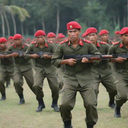 A group of Indonesian Kopassus Army soldiers in their distinct red berets, conducting a military drill in a palm-lined training ground. Their disciplined posture and stoic expressions underline their professional training and respect for duty.