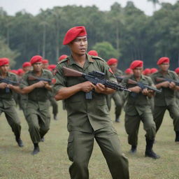 A group of Indonesian Kopassus Army soldiers in their distinct red berets, conducting a military drill in a palm-lined training ground. Their disciplined posture and stoic expressions underline their professional training and respect for duty.