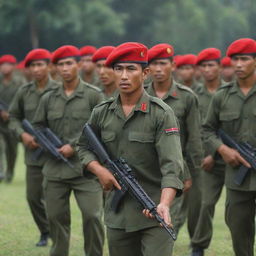 A group of Indonesian Kopassus Army soldiers in their distinct red berets, conducting a military drill in a palm-lined training ground. Their disciplined posture and stoic expressions underline their professional training and respect for duty.