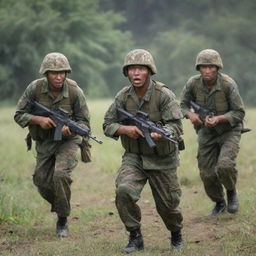 Indonesian Kopassus soldiers engaged in a combat scene, showing their resilience and determination at war. The soldiers are wearing their traditional green beret and distinctive tiger-stripe camouflage.