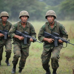 Indonesian Kopassus soldiers engaged in a combat scene, showing their resilience and determination at war. The soldiers are wearing their traditional green beret and distinctive tiger-stripe camouflage.