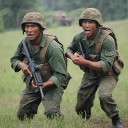 Indonesian Kopassus soldiers engaged in a combat scene, showing their resilience and determination at war. The soldiers are wearing their traditional green beret and distinctive tiger-stripe camouflage.