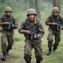 Indonesian Kopassus soldiers engaged in a combat scene, showing their resilience and determination at war. The soldiers are wearing their traditional green beret and distinctive tiger-stripe camouflage.