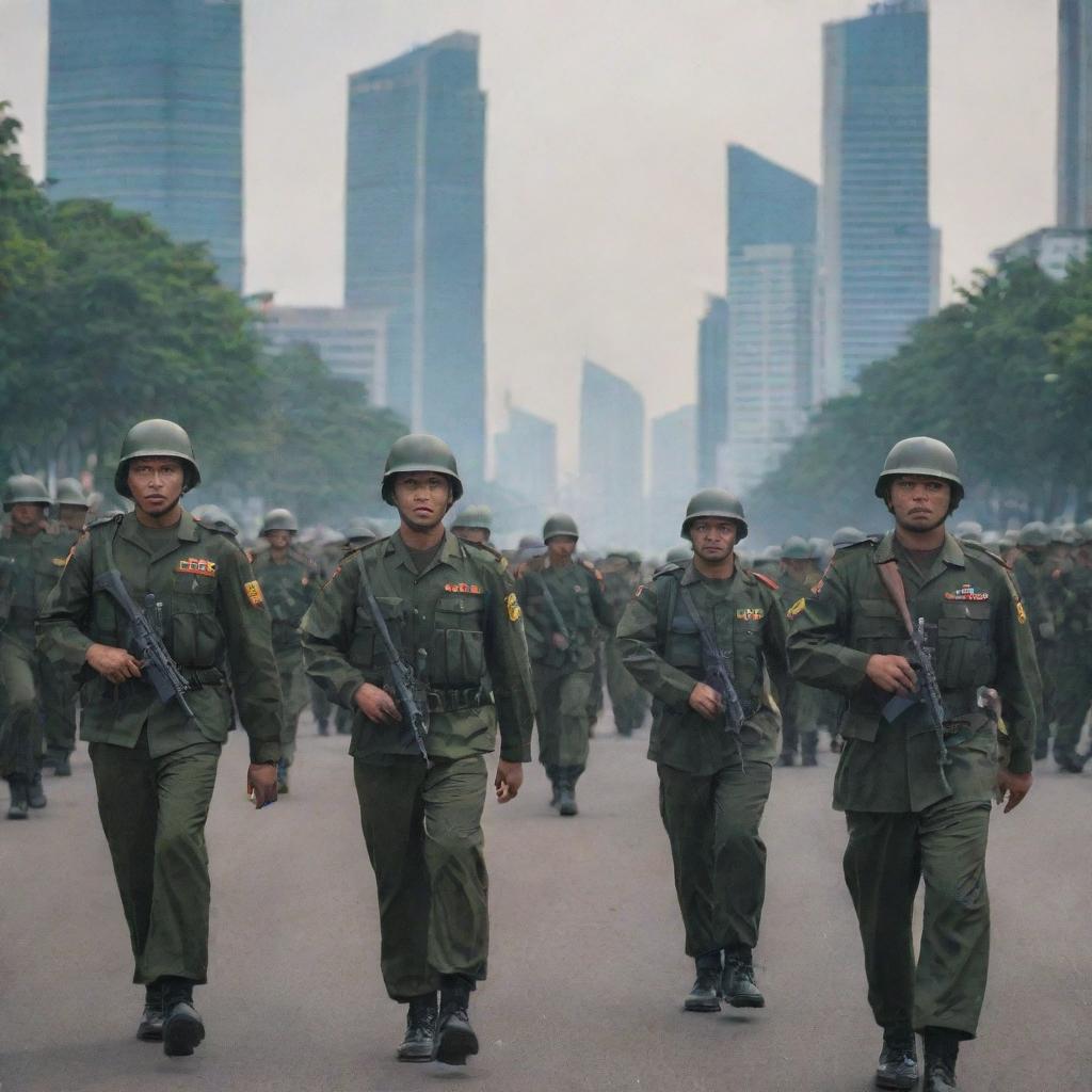 Indonesian army soldiers in full gear marching in formation against the backdrop of the capital city, Jakarta