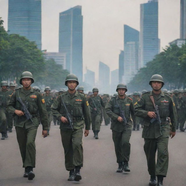 Indonesian army soldiers in full gear marching in formation against the backdrop of the capital city, Jakarta