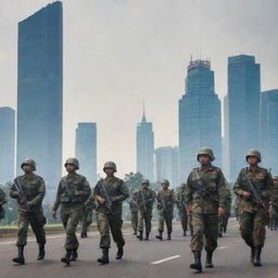 Indonesian army soldiers in full gear marching in formation against the backdrop of the capital city, Jakarta