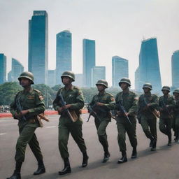 Indonesian army soldiers in full gear marching in formation against the backdrop of the capital city, Jakarta