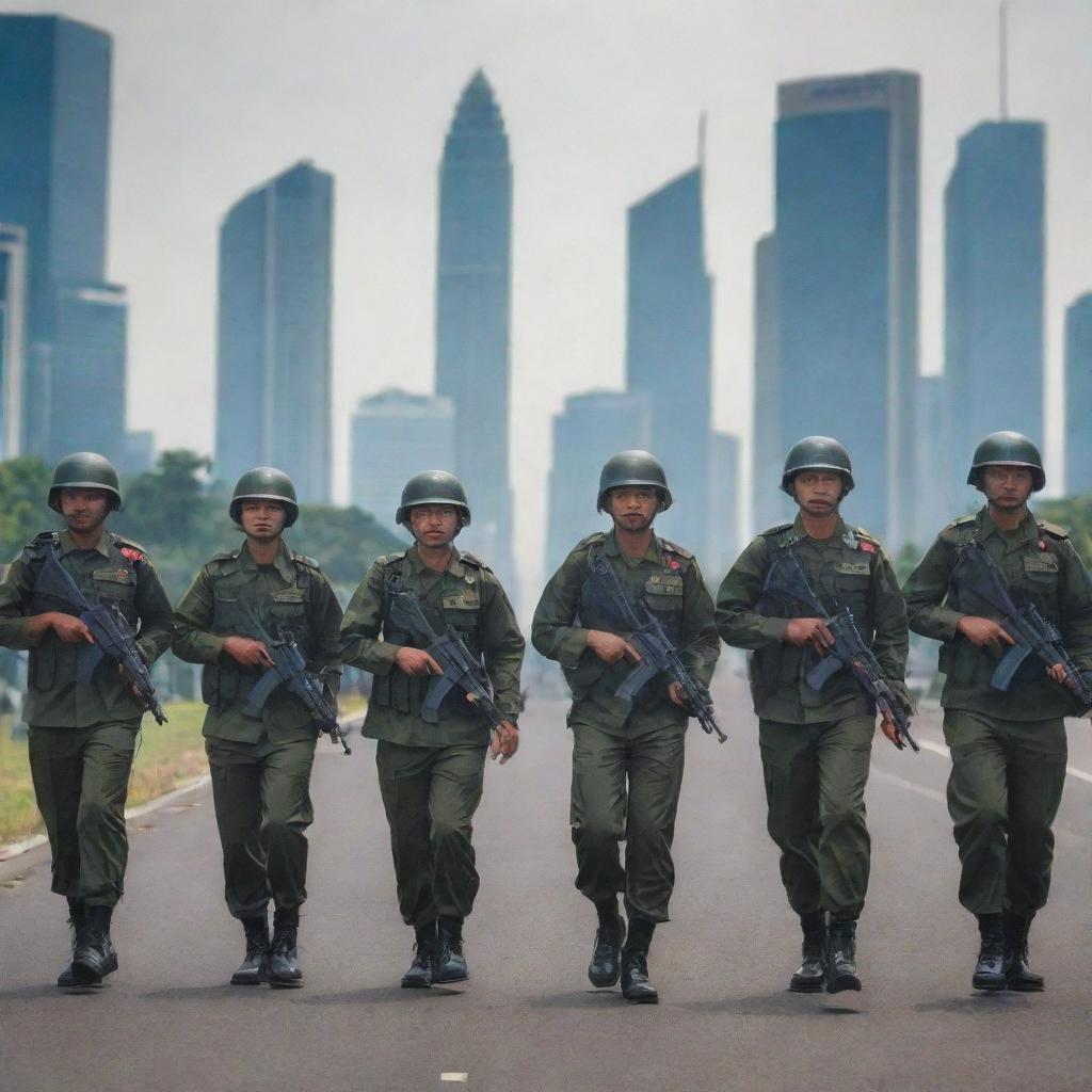 Indonesian army soldiers in full gear marching in formation against the backdrop of the capital city, Jakarta