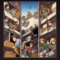 Conceive an anime poster called 'Movers' with scenes portraying deeply dedicated packers and movers in high-stress and tumultuous situations, drawn in the style of 'Spirited Away' anime.