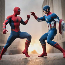 A dynamic scene featuring Spiderman and Captain America in a friendly superhero duel, showcasing their unique abilities.